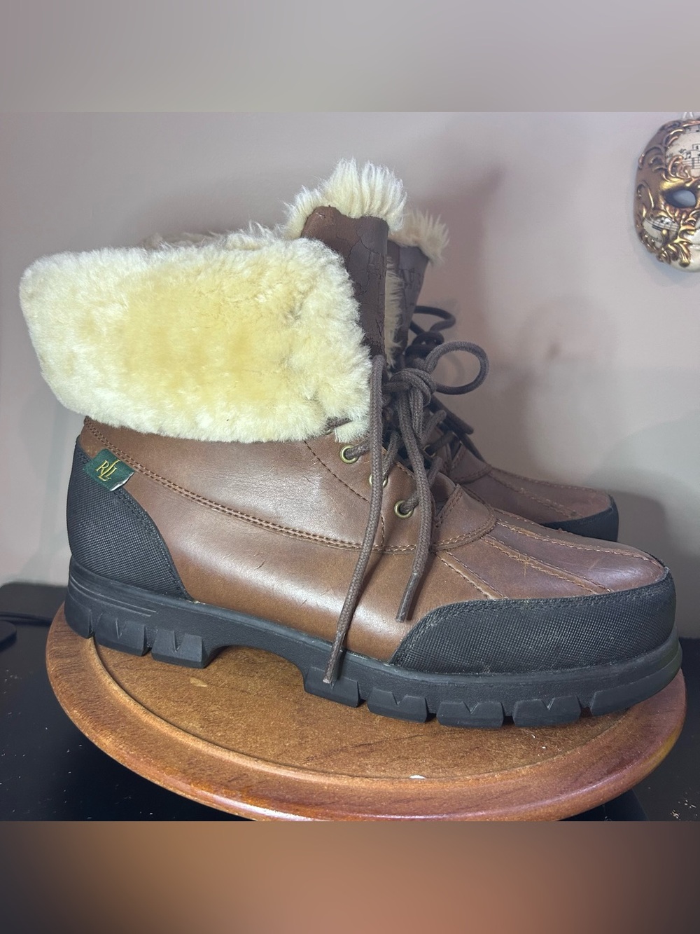 Lauren Ralph Lauren Brown Leather Shearling Lace Up Duck Boots Women’s 9 READ